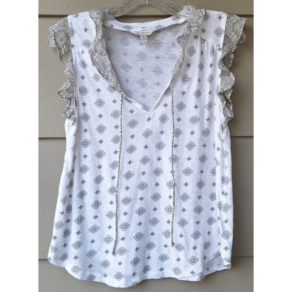 Lucky Brand Women Bohemian Ruffle Flutter Tank Top Blouse White Black Size M